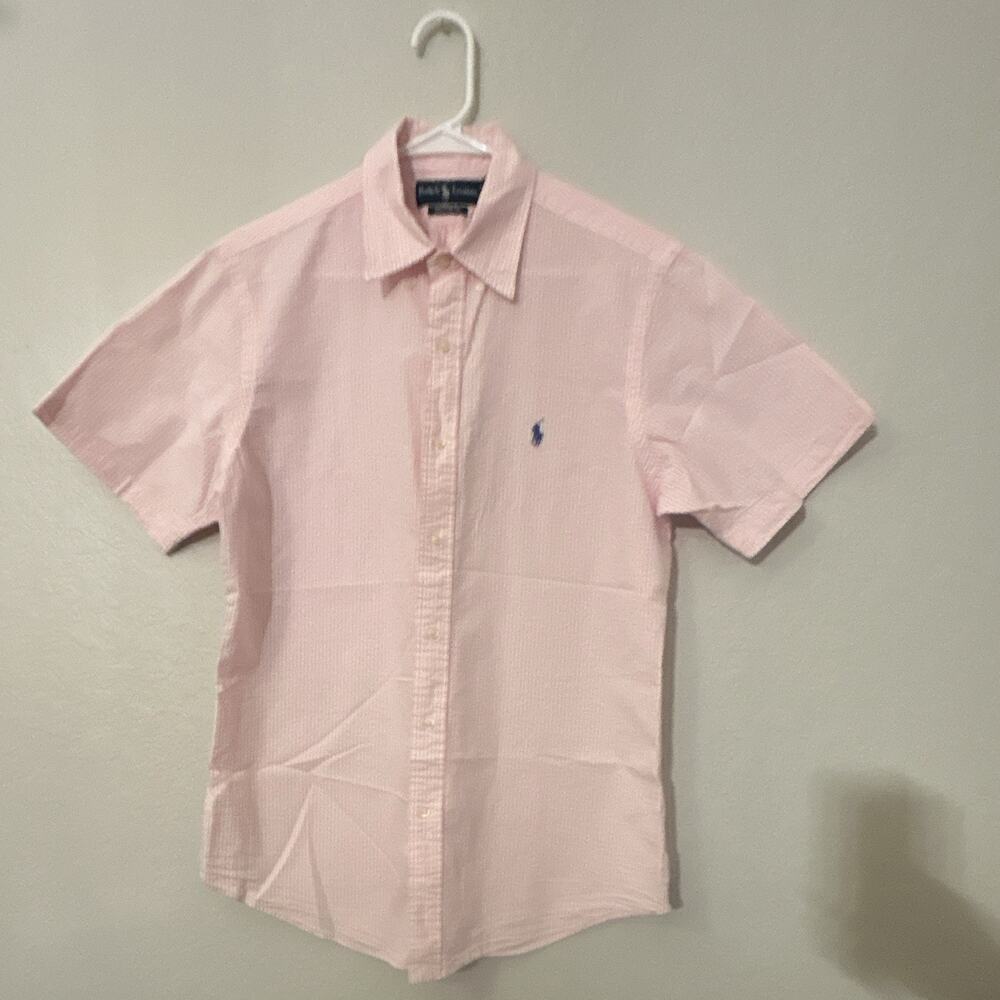 Ralph Lauren Custom Fit Men’s M Pink White Striped Woven Short Sleeve Button-Up